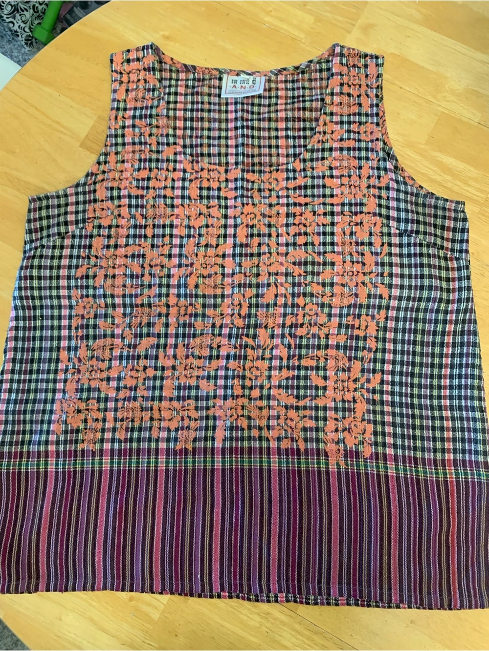 Embroidered Plaid Sleeveless Tunic - Coral/Multicolor